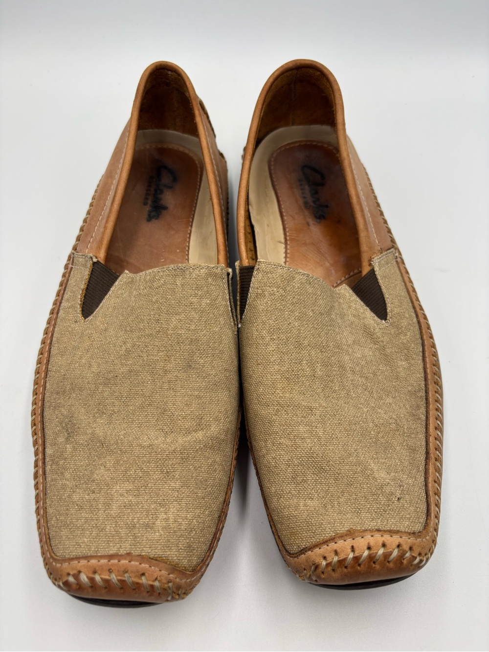 Clarks England Driving Loafer Men 12M Brown Canvas/Leather Slip On Square Toe